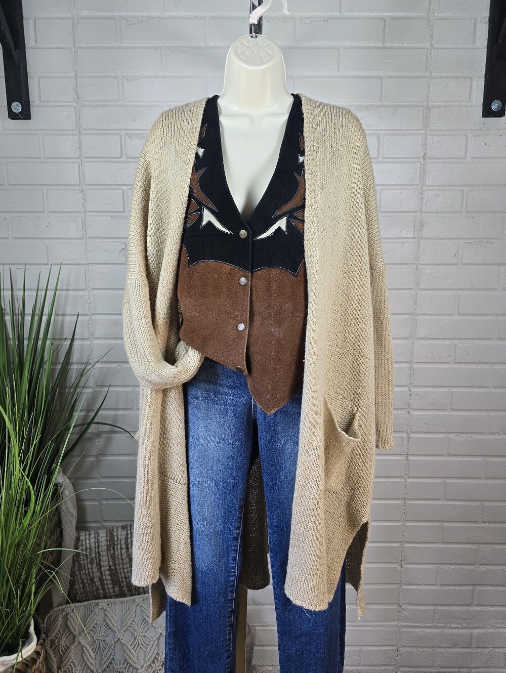 eesome Beige Open Front Longline Cardigan Medium Large